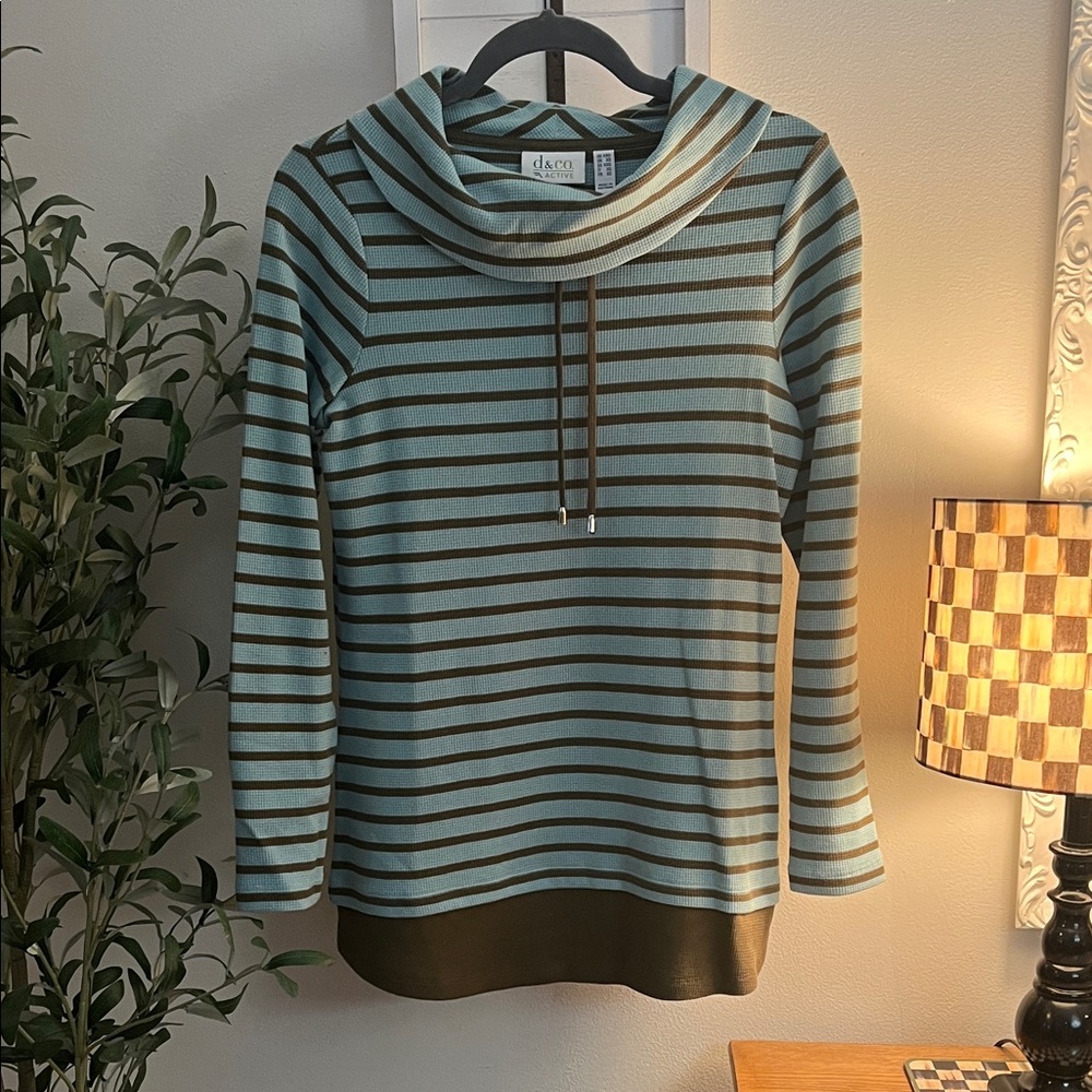 Striped Cowl Neck Sweater in Teal and Olive